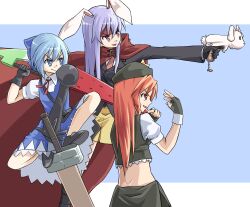  3girls adapted_costume advent_cirno animal_ears armor bad_id bad_pixiv_id blue_eyes blue_hair boko_(maniacpurple) bow braid cape cirno dual_wielding finger_on_trigger fingerless_gloves friends gloves gun hairbow handgun hat headband highres holding hong_meiling long_hair long_sleeves multiple_girls necktie open_mouth puffy_sleeves purple_hair rabbit_ears red_eyes red_hair reisen_udongein_inaba short_hair short_sleeves side_braid single_braid smile star_(symbol) sword touhou weapon 