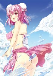  adapted_costume ass back bandages bare_shoulders bikini breasts bun_cover cloud commentary_request covered_nipples day double_bun female gin&#039;ichi_(akacia) hair_bun ibaraki_kasen large_breasts looking_back open_mouth pink_bikini pink_hair pink_sarong print_sarong sarong short_hair sky smile solo splashing swimsuit touhou water 