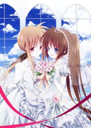  2girls bad_id bad_pixiv_id blonde_hair blue_eyes bouquet bridal_veil bride brown_hair carrying dress elbow_gloves fate_testarossa flower gloves gown hair_ribbon highres jewelry long_hair lyrical_nanoha mahou_senki_lyrical_nanoha_force multiple_girls necklace necktie nishina_(alive001) open_mouth pendant pink_flower pink_rose princess_carry raising_heart red_eyes ribbon rose side_ponytail takamachi_nanoha tuxedo veil wedding wedding_dress white_dress wife_and_wife yuri 