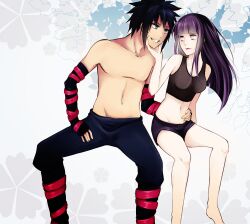  black_hair blue_eyes breasts highres hime_cut hyuuga_hinata lipstick long_hair makeup menma_(naruto) midriff mound_of_venus naruto naruto:_road_to_ninja naruto_shippuuden purple_hair short_hair short_shorts shorts smile tank_top topless_male white_eyes 