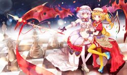  2girls black_gloves blonde_hair blue_hair checkered_floor chess_piece commentary_request detached_sleeves flandre_scarlet gloves hat hat_ribbon heco_(mama) looking_at_viewer multiple_girls navel pantyhose photoshop_(medium) puffy_sleeves red_eyes remilia_scarlet ribbon side_ponytail thighhighs touhou weapon white_legwear wings yellow_legwear 