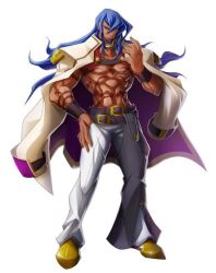  1boy abs asymmetrical_legwear azrael_(blazblue) belt blazblue blazblue:_chronophantasma blue_facial_hair blue_hair body_markings bracelet cape choker dark-skinned_male dark_skin facial_hair goatee hand_on_own_hip hand_up jacket jacket_on_shoulders jewelry long_hair looking_at_viewer male_focus multiple_belts muscular muscular_male official_art simple_background solo tachi-e tattoo topless_male uneven_legwear white_background 