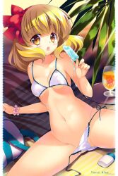  bikini blonde_hair blush bracelet character_name commentary_request dripping female flower food glass hair_flower hair_ornament hairband jewelry juice looking_at_viewer lotion navel open_mouth photoshop_(medium) popsicle precure rei_(rei&#039;s_room) shiny_skin short_hair side-tie_bikini_bottom smile_precure solo spread_legs swimsuit tongue tree untied wardrobe_malfunction yayoi_kise yellow_eyes 