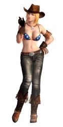  3d absurdres blonde_hair blue_eyes boots bra breasts cowboy cowboy_hat cowboy_western dead_or_alive dead_or_alive_5 denim female fringe_trim full_body gloves hat highres jeans jewelry medium_breasts necklace official_art pants short_hair solo tina_armstrong transparent_background underwear 