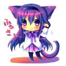  akemi_homura akemi_homura_(magical_girl) animal_ears arm_up blush cat_ears chibi chocolat_(momoiro_piano) commentary_request female hair_flip hairband hand_in_own_hair kemonomimi_mode long_hair magical_girl mahou_shoujo_madoka_magica mahou_shoujo_madoka_magica_(anime) purple_eyes purple_hair shirt skirt smile solo 