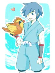  1boy blue_background blue_eyes blue_hair commentary_request falkner_(pokemon) hair_over_one_eye heart japanese_clothes pidgey pokemon pokemon_(creature) pokemon_gsc scar scar_on_arm scar_on_face scar_on_hand simple_background smile taeco tegaki 