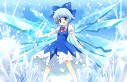  blue_bow blue_dress blue_eyes blue_hair blush bow cirno commentary_request dress female hairbow ice ice_wings kurot open_mouth short_hair short_sleeves smile solo touhou wings 