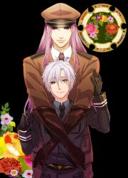  2boys black_gloves commentary_request fate/zero fate_(series) flower gloves hat lancelot_(fate/zero) long_hair male_focus matou_kariya military military_uniform multiple_boys peaked_cap purple_eyes purple_hair red_eyes seigorou1225 spoilers uniform white_hair 