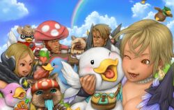  bird breasts capcom cleavage cowboy_hat duck feline felyne hat lowres monster_hunter monster_hunter_frontier ponkichii rainbow 