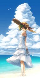  :d arm_up beach blue_eyes cloud commentary_request day dress female garuku green_hair hat hat_ribbon highres holding lighthouse looking_at_viewer open_mouth original outdoors photoshop_(medium) ribbon short_hair sky smile solo standing straw_hat sun_hat sundress 