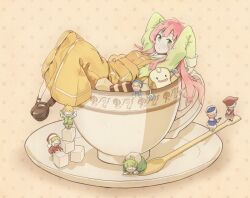  bread cup doyou_tengoku_pikaraji dress fairy_(jintai) female food green_eyes in_container in_cup jinrui_wa_suitai_shimashita long_hair oversized_object pink_hair spoon sugar_cube watashi_(jintai) 