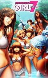  6+girls aqua_hair bikini blue_sky breasts brown_eyes brown_hair cleavage commentary cover dark-skinned_female dark_skin day english_commentary girl7 grey_eyes hand_on_own_hip hands_in_hair highres long_hair looking_at_viewer medium_breasts multiple_girls navel o-ring o-ring_bottom o-ring_top omar_dogan one_eye_closed open_mouth original parted_lips ponytail short_hair signature sky smile sunglasses swimsuit tank_top thigh_gap tree twintails victory_pose wading water water_gun 