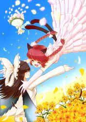  2girls animal_ears bad_id bad_pixiv_id black_hair bouquet bow braid cat_ears cat_tail closed_eyes cloud couple day dress elbow_gloves feathers flower formal gloves hair_ribbon hairbow happy highres imminent_hug kaenbyou_rin multiple_girls oerba_yun_fang outstretched_arms pant_suit pants petals red_hair reiuji_utsuho ribbon sky smile suit tail topia touhou twin_braids wedding wedding_dress wife_and_wife wings yuri 