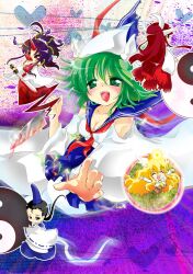  1boy 4girls ascot black_hair blonde_hair blood breasts brown_eyes chibi cleavage closed_eyes commentary_request cup ghost_tail glint green_eyes green_hair happy hat head_wings heart horns ichigo_(strawberry) kikuri_(touhou) konngara_(touhou) medium_breasts mima_(touhou) multiple_girls open_mouth photoshop_(medium) ponytail purple_eyes purple_hair red_eyes red_hair sakazuki shingyoku_(female) shingyoku_(male) shingyoku_(touhou) single_horn smile sword tate_eboshi touhou touhou_(pc-98) weapon wide_sleeves wings wizard_hat yin_yang 