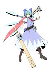  advent_cirno ascot bag belt blue_eyes blue_hair bow cirno commentary_request cross-laced_footwear dual_wielding female hairbow highres holding puffy_sleeves short_hair short_sleeves solo standing sword taida_jun touhou weapon white_background 