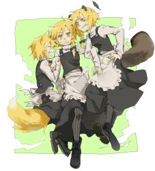  3girls animal_ears arm_hug bakedanuki_(touhou) blonde_hair boots braid closed_eyes commentary_request cosplay fox_ears fox_tail grin hair_ribbon kirisame_marisa kirisame_marisa_(cosplay) kuroda_(nanchara_flight) multiple_girls no_headwear oerba_yun_fang open_mouth pantyhose raccoon_ears raccoon_tail ribbon side_braid smile striped_clothes striped_pantyhose tail touhou vertical-striped_clothes vertical-striped_pantyhose yellow_eyes youkai_fox_(wild_and_horned_hermit) 