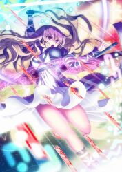  amisu blonde_hair commentary_request female gradient_hair highres hijiri_byakuren long_hair long_sleeves magic_circle multicolored_hair ofuda open_mouth outstretched_arms puffy_sleeves purple_eyes purple_hair round_teeth solo sorcerer&#039;s_sutra_scroll teeth touhou 