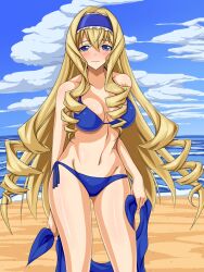  beach bikini blonde_hair blue_eyes blue_hairband breasts cecilia_alcott commentary_request drill_hair female hairband highres infinite_stratos large_breasts long_hair mei_ichi ocean side-tie_bikini_bottom solo swimsuit 