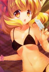  :o absurdres bare_shoulders bikini black_bikini blonde_hair bra commentary_request female food frills highres looking_at_viewer navel open_mouth panties photoshop_(medium) popsicle precure rei_(rei&#039;s_room) scan smile_precure solo swimsuit tongue underwear underwear_only yayoi_kise 