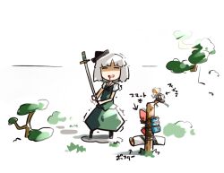  bad_id bad_pixiv_id blood blood_in_mouth character_request closed_eyes female grass hat hat_ribbon konpaku_youmu open_mouth puffy_sleeves ribbon saku_(osake_love) short_hair short_sleeves solo sword touhou tree weapon what white_hair 