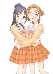  2girls brown_hair commentary_request futari_wa_precure_splash_star hair_ornament hairclip half_updo happy hug hyuuga_saki long_hair looking_at_viewer mishou_mai multiple_girls one_eye_closed open_mouth polorinken precure purple_eyes purple_hair school_uniform short_hair simple_background smile very_short_hair yellow_eyes yuunagi_middle_school_uniform 