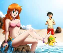  anklet aqua_eyes ball bare_legs barefoot beach beachball black_hair boulder brown_eyes cloud day earrings feet female gen_1_pokemon hair_ornament jewelry kasumi_(pokemon) laura_jimenez long_hair long_legs navel necklace open_mouth orange_hair outdoors pikachu pokemon pokemon_(anime) pokemon_(creature) satoshi_(pokemon) shell shell_bikini shorts sitting star 