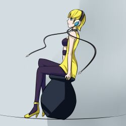  bare_shoulders black_legwear blonde_hair blue_eyes gym_leader headphones high_heels highres kamitsure_(pokemon) pantyhose pokemon pokemon_(game) pokemon_bw pot shoes short_hair sitting sukumo_(kemutai) 