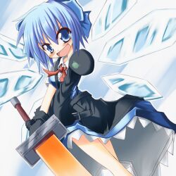  advent_cirno blue_eyes blue_hair blush bow cirno commentary_request detached_wings female hairbow ice ice_wings long_sleeves open_mouth photoshop_(medium) short_hair short_sleeves solo sword touhou weapon wings yuuji_(itadon) 