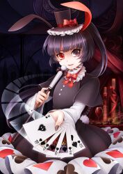  ace_(playing_card) ace_of_spades animal_ears bad_id bad_pixiv_id black_eyes black_hair bow cane card dress female frills hat heterochromia highres jack_(playing_card) jack_of_spades king_(playing_card) king_of_spades long_hair microphone mtyy open_mouth original photoshop_(medium) playing_card ponytail queen_(playing_card) queen_of_spades rabbit_ears red_eyes solo spade_(shape) ten_of_spades 