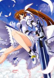  absurdres blue_sky blush breasts brown_hair cloud convenient_leg day dress feathers female from_below higa_yukari highres impossible_clothes impossible_dress large_breasts legs long_legs looking_at_viewer looking_down lyrical_nanoha magical_girl mahou_senki_lyrical_nanoha_force mahou_shoujo_lyrical_nanoha outdoors raising_heart raising_heart_(standby_mode) side_ponytail sky solo strike_cannon takamachi_nanoha uniform weapon wings 