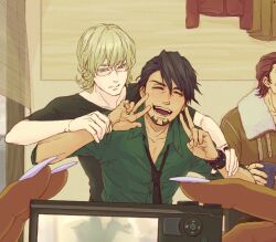  3boys antonio_lopez bad_id bad_pixiv_id barnaby_brooks_jr. black_hair blonde_hair bracelet camera commentary_request double_v drunk facial_hair fingernails glasses green_eyes jewelry kaburagi_t._kotetsu male_focus multiple_boys nathan_seymour raku22 stubble tiger_&amp;_bunny v viewfinder watch wristwatch 