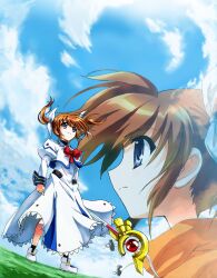  blue_eyes bow brown_hair cloud commentary_request day female hair_ribbon highres kirin_the_himemiya lyrical_nanoha magical_girl mahou_shoujo_lyrical_nanoha multiple_views photoshop_(medium) puffy_sleeves raising_heart raising_heart_(device_mode) ribbon short_twintails sky takamachi_nanoha takamachi_nanoha_(original_mode) twintails 