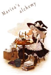  alchemy balance_scale blonde_hair book bow braid chair chemicals coal commentary_request female flask hat hat_bow kirisame_marisa long_hair ozawa paper photoshop_(medium) round-bottom_flask ruler scroll side_braid single_braid sitting smile solo table test_tube touhou weighing_scale white_background witch_hat yellow_eyes 