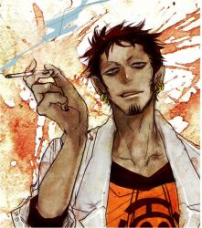  black_hair blue_eyes cigarette doctor earrings facial_hair goatee hat hat_removed headwear_removed hood hoodie jewelry jolly_roger labcoat male male_focus one_piece raglan_sleeves smoking solo trafalgar_law 