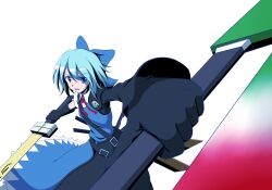  absurdres adapted_costume advent_cirno blue_eyes blue_hair bow cirno commentary_request dual_wielding female gloves hairbow highres holding long_sleeves open_mouth short_hair short_sleeves solo sword touhou walhalla weapon white_background 