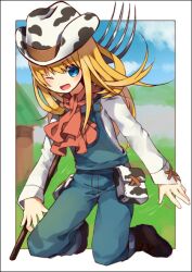  animal_print blonde_hair blue_eyes bokujou_monogatari bokujou_monogatari:_hajimari_no_daichi commentary_request cow_print cowboy_hat female haneten_kagatsu hat one_eye_closed open_mouth overalls rio_(bokujou_monogatari) scarf smile solo 