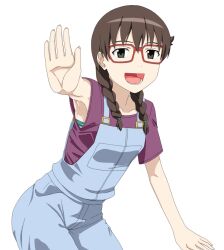  :d armpits bespectacled bra braid brown_eyes brown_hair commentary_request female glasses kyouno_madoka open_mouth outstretched_hand overalls rinne_no_lagrange smile solo twin_braids underwear white_background yoshida_keiji 