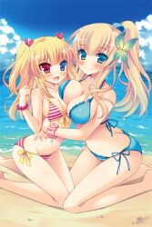  2girls alternate_hairstyle aqua_eyes asymmetrical_docking bikini blonde_hair blue_bikini blue_eyes blush boku_wa_tomodachi_ga_sukunai bracelet breast_press breasts butt_crack butterfly_hair_ornament cleavage commentary_request front-tie_top hair_ornament halterneck hasegawa_kobato heterochromia hug inugahora_an jewelry kashiwazaki_sena kneeling large_breasts long_hair long_legs looking_at_viewer multiple_girls open_mouth outdoors photoshop_(medium) ponytail red_eyes sand shiny_skin side-tie_bikini_bottom smile string_bikini swimsuit twintails two_side_up 