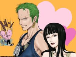  2boys black_hair blonde_hair couple earrings female female goggles goggles_around_neck green_hair heart jewelry lipstick makeup male multiple_boys nico_robin one_piece roronoa_zoro sanji skypiea tank_top 