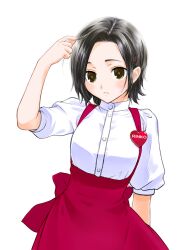  adjusting_hair anna_miller black_hair blush brown_eyes buttons commentary_request female hair_ornament hairpin kobayakawa_rinko love_plus ooshima_tomo photoshop_(medium) short_hair solo waitress 