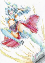  absurdres animal_ears bad_id bad_pixiv_id bare_shoulders breasts colored_pencil_(medium) detached_sleeves female grey_hair highres inubashiri_momiji jumping kicking kitazinger large_breasts midriff navel panties pantyshot short_hair solo tail thighhighs touhou traditional_media underwear white_panties white_thighhighs wolf_ears wolf_tail 