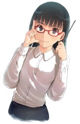  amagami ayatsuji_tsukasa bespectacled black_eyes black_hair dress_shirt female glasses holding long_hair looking_at_viewer pointer santa_(sunflower) shirt simple_background smile solo upper_body white_background 