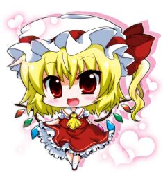  ascot bad_id bad_pixiv_id blonde_hair bow chibi crystal female flandre_scarlet hat hat_bow heart looking_at_viewer noai_nioshi open_mouth puffy_sleeves red_eyes short_hair short_sleeves side_ponytail solo touhou wings 