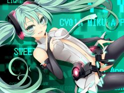  bridal_gauntlets commentary_request female green_eyes green_hair hatsune_miku hatsune_miku_(append) hexagon navel necktie solo thighhighs twintails uruu_gekka vocaloid vocaloid_append 