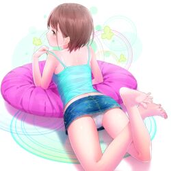  ama_mitsuki back barefoot blush brown_eyes brown_hair denim denim_skirt feet female from_behind looking_back lying on_stomach original panties pantyshot pillow see-through short_hair skirt solo spread_toes tank_top toes underwear upskirt white_panties 