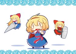  ahoge alice_margatroid blonde_hair chibi commentary_request female hair_ribbon hairband hammer hourai_doll lance photoshop_(medium) polearm raado_(punipara) ribbon shanghai_doll solo touhou weapon 