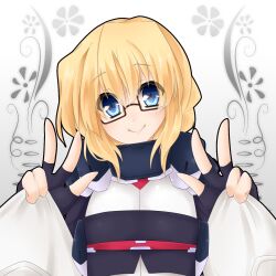  adele_balfetto blonde_hair blue_eyes bodysuit female female flat_chest glasses highres kyoukai_senjou_no_horizon kyoukaisenjou_no_horizon smile solo v yami-yami yami_nabe 