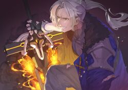  1boy black_gloves blue_eyes blue_jacket fingerless_gloves fire flaming_sword flaming_weapon forehead fur_collar gloves grey_pants grin highres holding holding_sword holding_weapon honkai_(series) honkai_impact_3rd jacket johnny-chan long_hair long_sleeves male_focus pants ponytail siegfried_kaslana smile solo sword teeth torn_clothes torn_pants weapon white_hair 