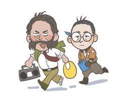  2boys :p bag beard belt black_hair blush blush_stickers bomber_jacket boombox boots brown_hair cheetahman_(1ddghfr78cswc) chibi disco_elysium ear_blush expressionless facial_hair glasses gloves hair_slicked_back harry_du_bois holding_boombox jacket kim_kitsuragi male_focus multiple_boys mutton_chops necktie nose_blush notebook pants pen plastic_bag round_eyewear shirt shoes short_hair simple_background tongue tongue_out undercut unworn_jacket white_background white_shirt 