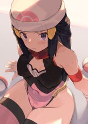  adapted_costume beanie black_hair blush breasts covered_nipples dawn_(pokemon) female hat highleg highleg_leotard leotard long_hair looking_at_viewer medium_breasts pink_thighhighs poke_ball pokemon pokemon_dppt purple_eyes sitting solo spring2013 sweatdrop thighhighs white_hat wide_hips 